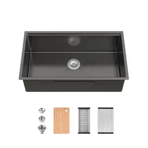 Stainless Steel Kitchen Sink, 23″x19″，30″x19″，33″x19″ Single Bowl, Undermount Handmade Sink in Black, with US Standard Drain and Hook