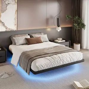 Queen Size Floating Bed Frame with Smart LED Lights & USB Charging Station, Modern Design Heavy Duty Metal Platform Bed, No Box Spring Needed (Black)