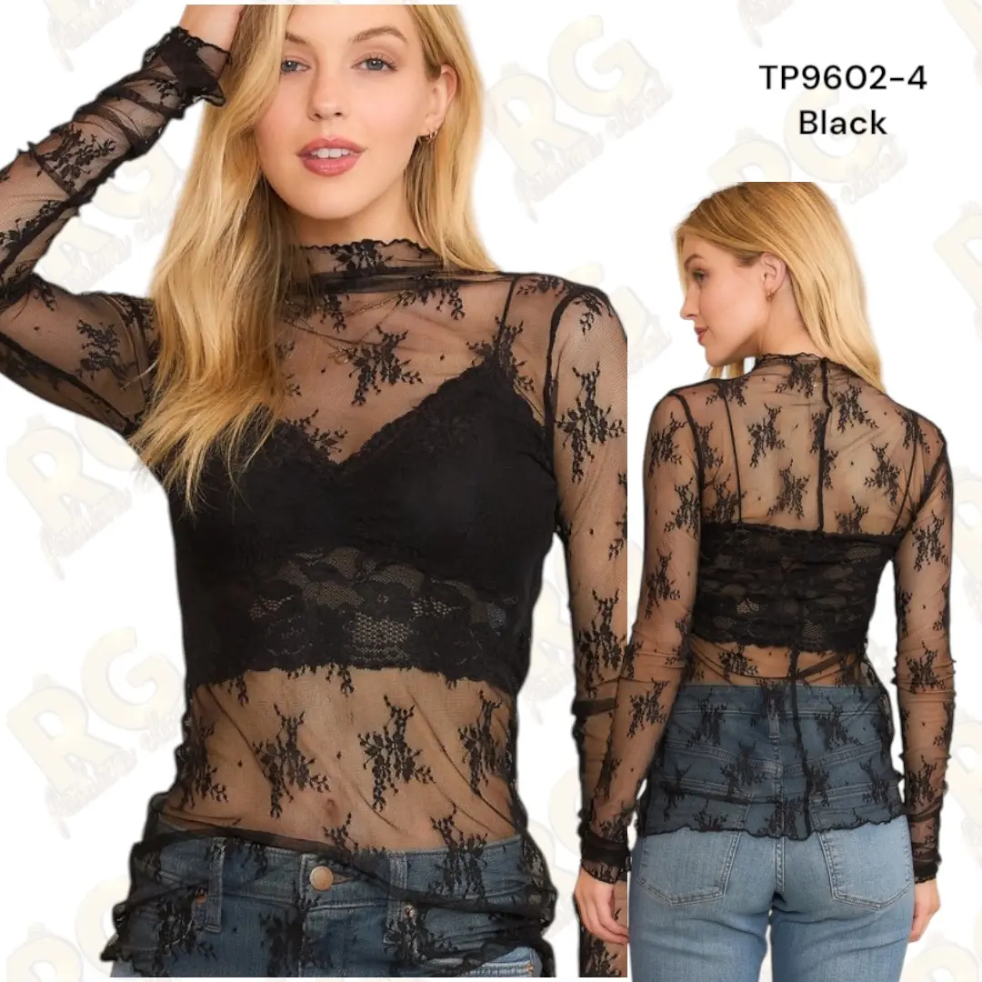 Mesh Lace High Neck Long Sleeve Top