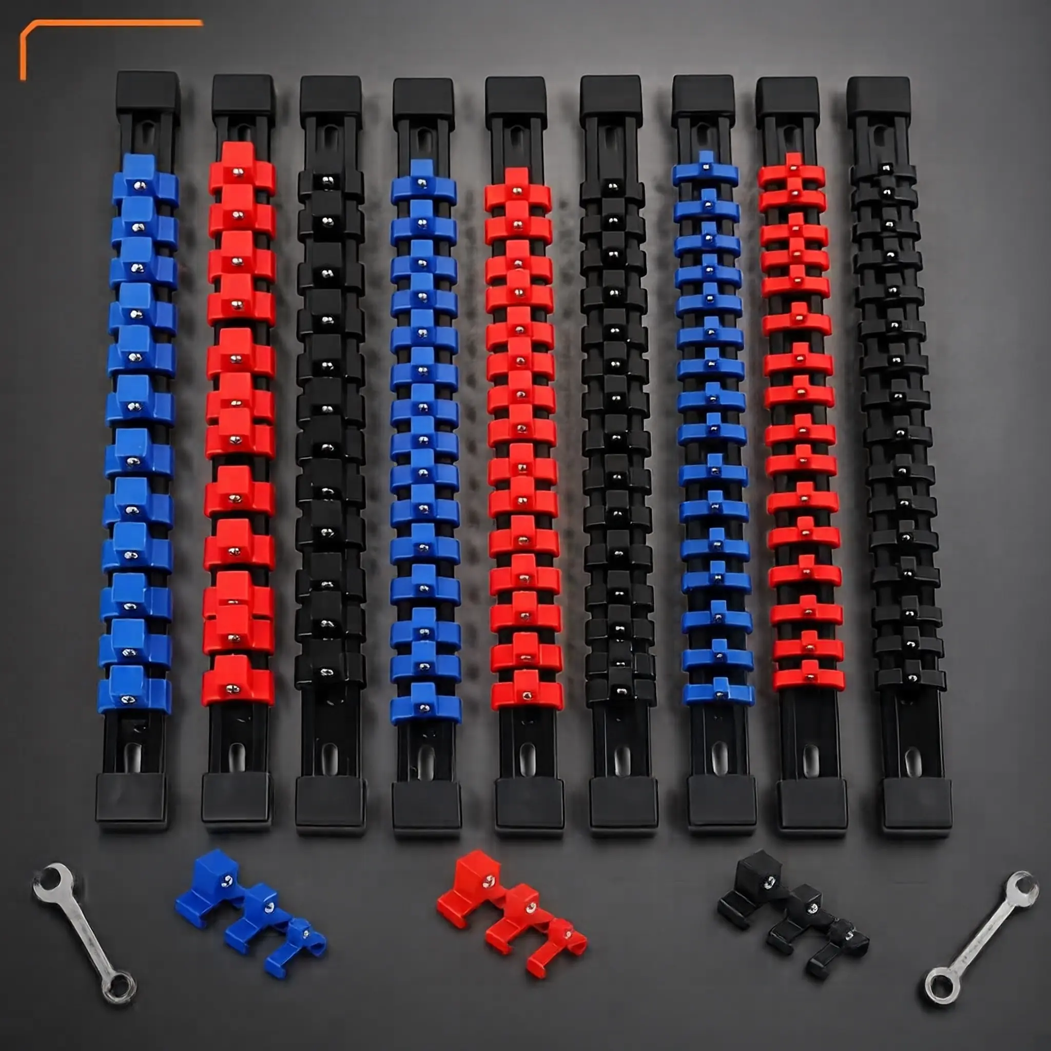 9-Piece ABS Outlet Storage Box Precision Hand Tool Kit with Blue Components, Red Components, and Wrenches