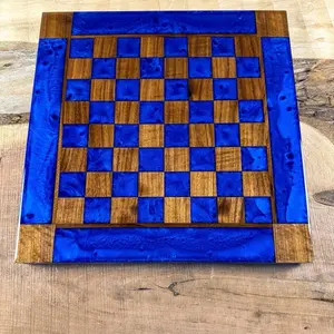 Black Walnut Deep Blue Chess Board Handmade with Pieces 16x16in Epoxy Resin Tabletop Game for Tournament Players