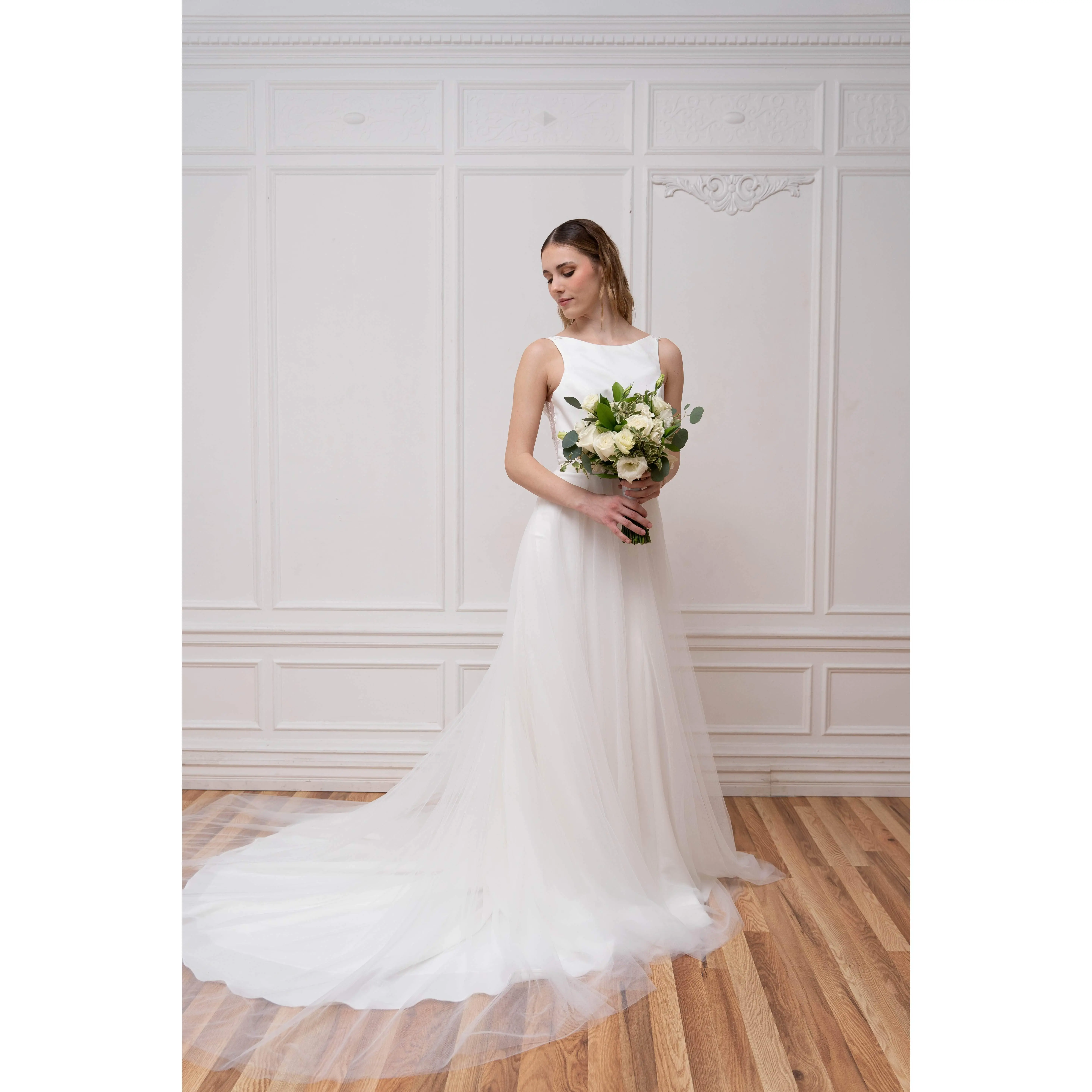 Tulle Overskirt - Wedding Dress Bridal Gown Full A-Line Translucent Skirt Double Layer Tulle over Fitted Gown Long Train