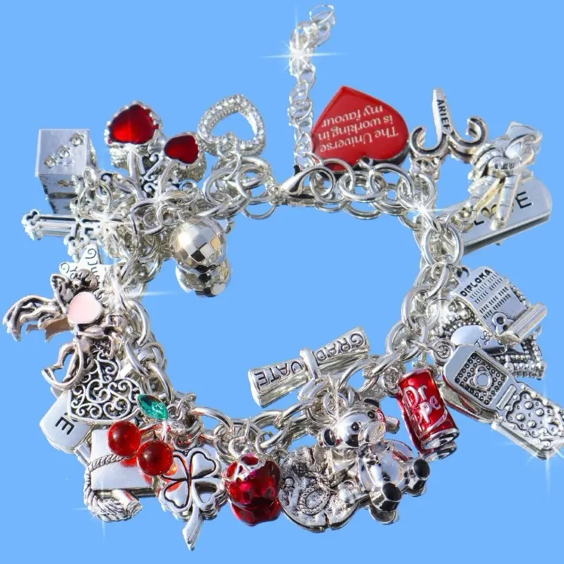 Classic Elegant Cherry Bear Charm Bracelet, Cubic Zirconia Accent, Semi Formal Cable Chain Costume Jewelry