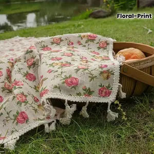 1 outdoor picnic mat, rustic-style rose-patterned cotton-linen blend picnic mat – with tassels, camping floral print floor mat, water-resistant fabric mat, picnic ground mat, portable household picnic blanket, tablecloth.