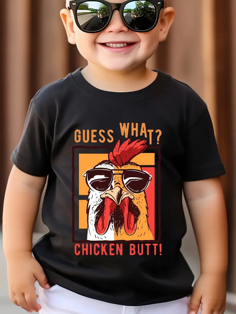 CHICKEN BUTT Print Comfy Cotton T-shirt For Boys, Short Sleeve Casual Top, Summer Outdoor Daily Wear