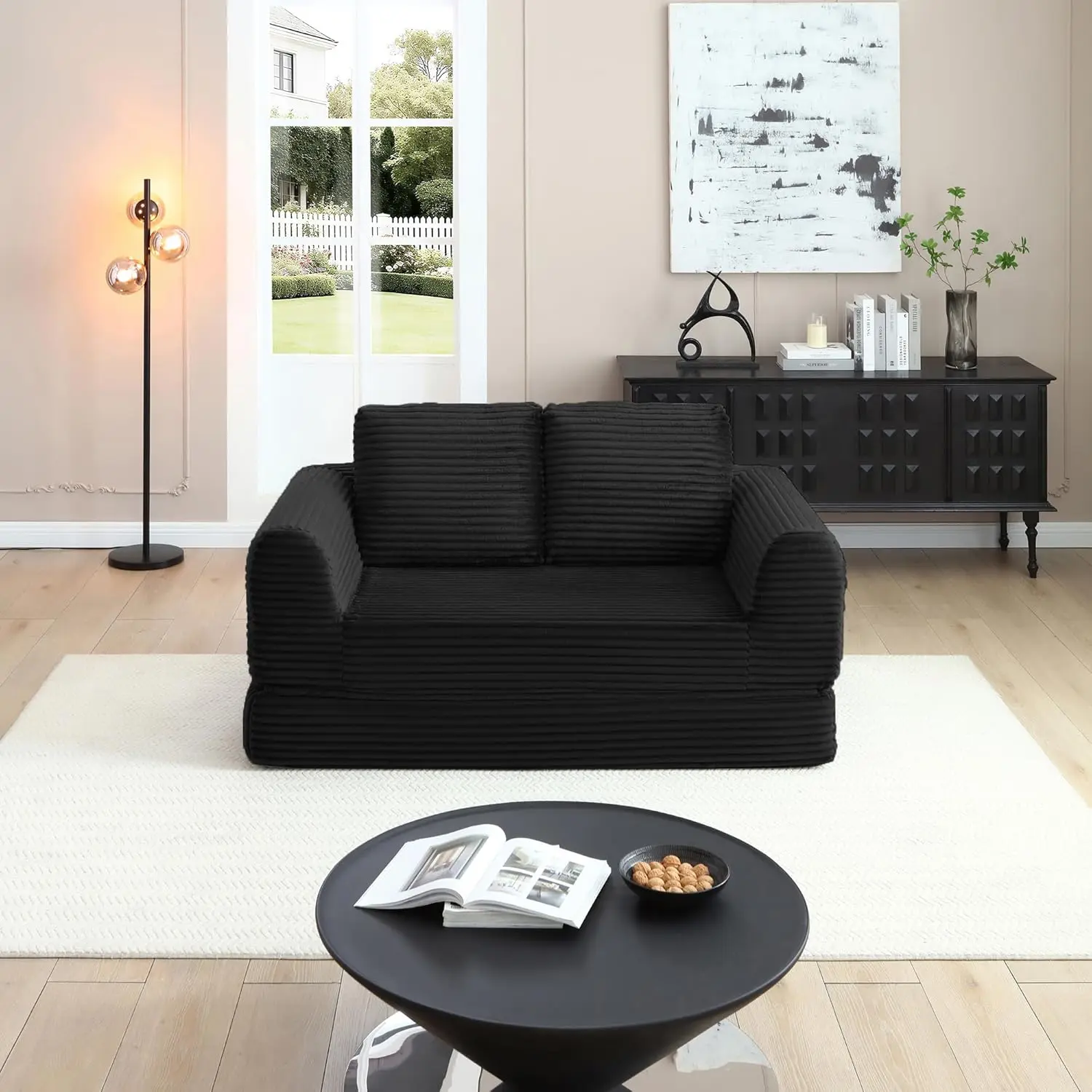 2-in-1 Folding Convertible Sofa Bed, Modern Corduroy Sleeper Couch with 2 Pillows, Futon Modular Upholstered Boneless Loveseat with Pull-Out Bed, Folding Floor Modular Couch for Living Room, Black
