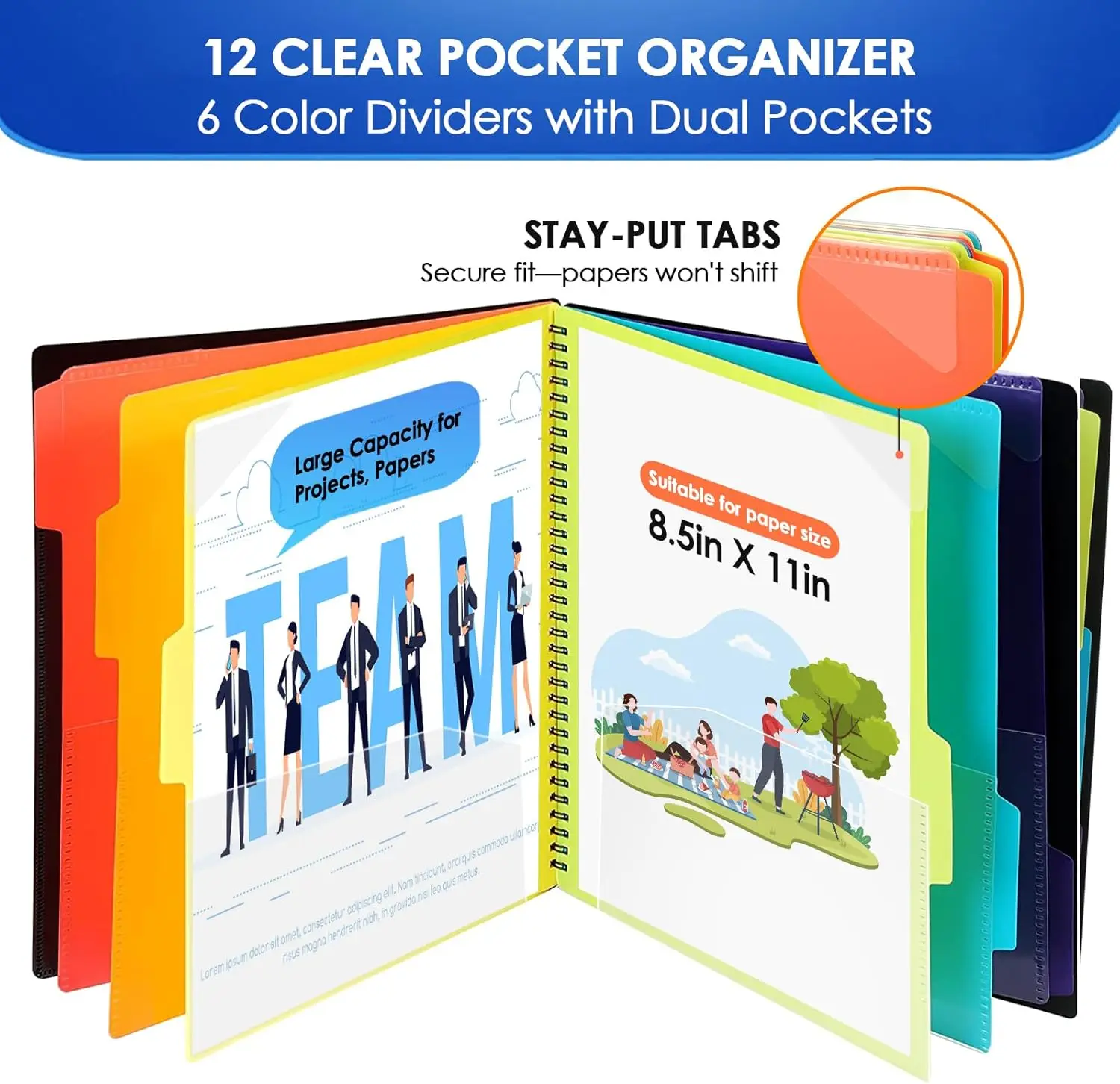 KTRIO 12-Pocket Polypropylene Project Organizer, Letter Size Spiral Binder with Dividers, Replaceable Tabs & Zip Pouch, Water-Resistant Multi-Pockets Folder for School & Office Use, Reusable Colored Tabs, 24 Replaceable White Index Labels