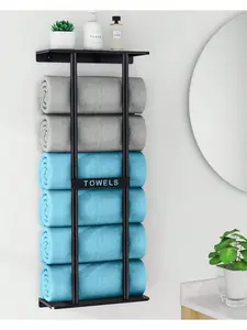 Wall-Mounted Black Iron Modern Bathroom Rack - 30 in Tall, Durable, 6-Large Bath Towel Rolled Holder, Top Storage Shelves for Small Spaces, Easy Installation for Apartments