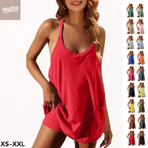 YeeZaa Women's Athletic Mini Dress with Built-in Shorts 2026 Summer Tennis Workout Active Sports Mini Romper Dress V Neck Spaghetti Strap Sundress Travel Vacation Clothes Sleeveless