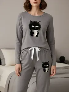 Women's Long Sleeve Pajama Set, Cartoon Cat Print, Casual Fitted Sleepwear, Spring & Fall Nightgown, Animal Pattern, Glam Lounge Wear
