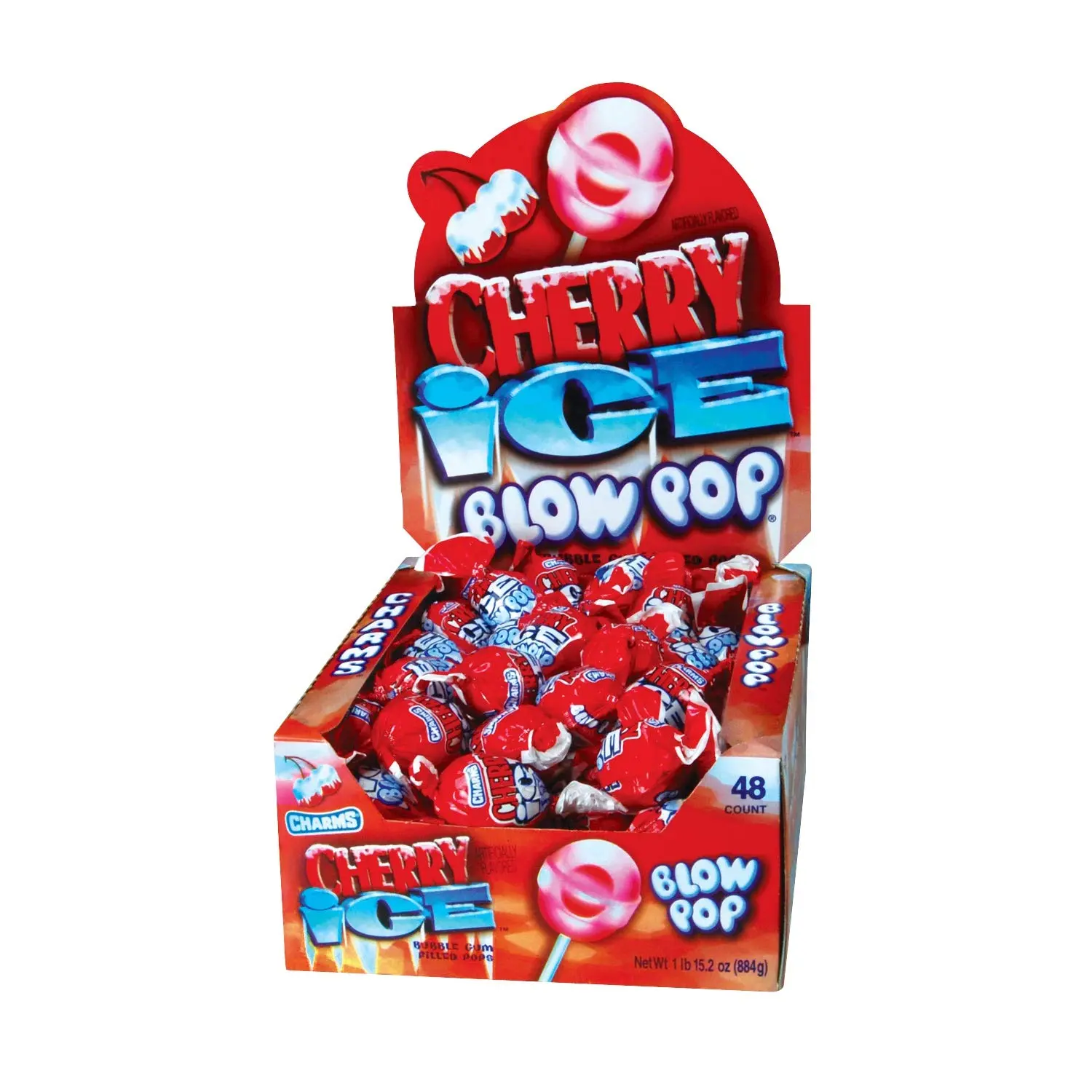 Charms Cherry Ice Blow Pop 48 ct - Sweet and Hard Candy Lollipop with Soft Chewy Bubble Gum Center with Cherry Flavor - 48 Count Box Snack Bonbon