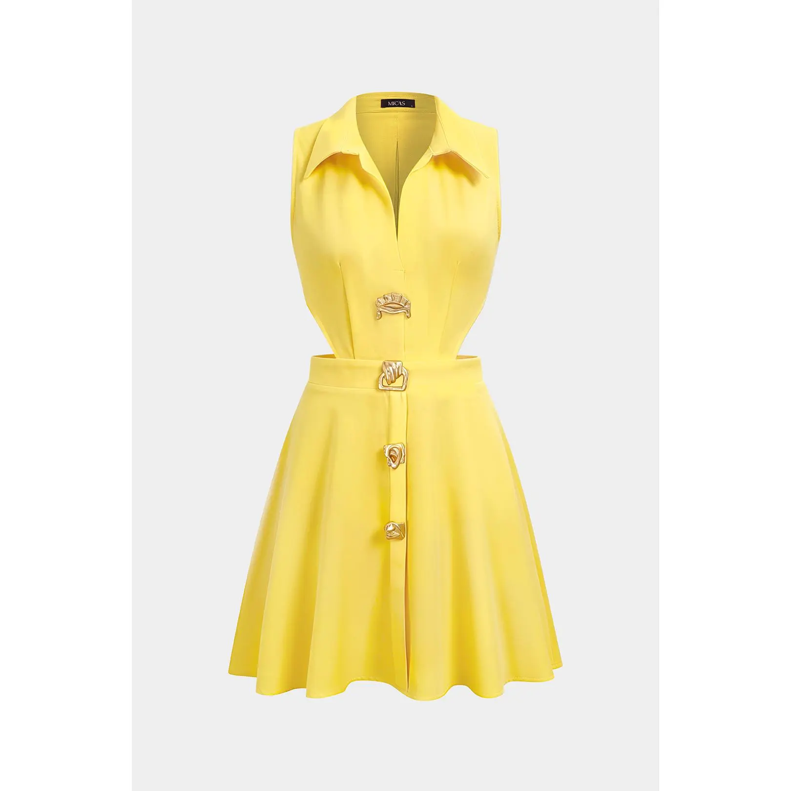 Lapel Metallic Irregular Button Cut Out Sleeveless Mini Dress