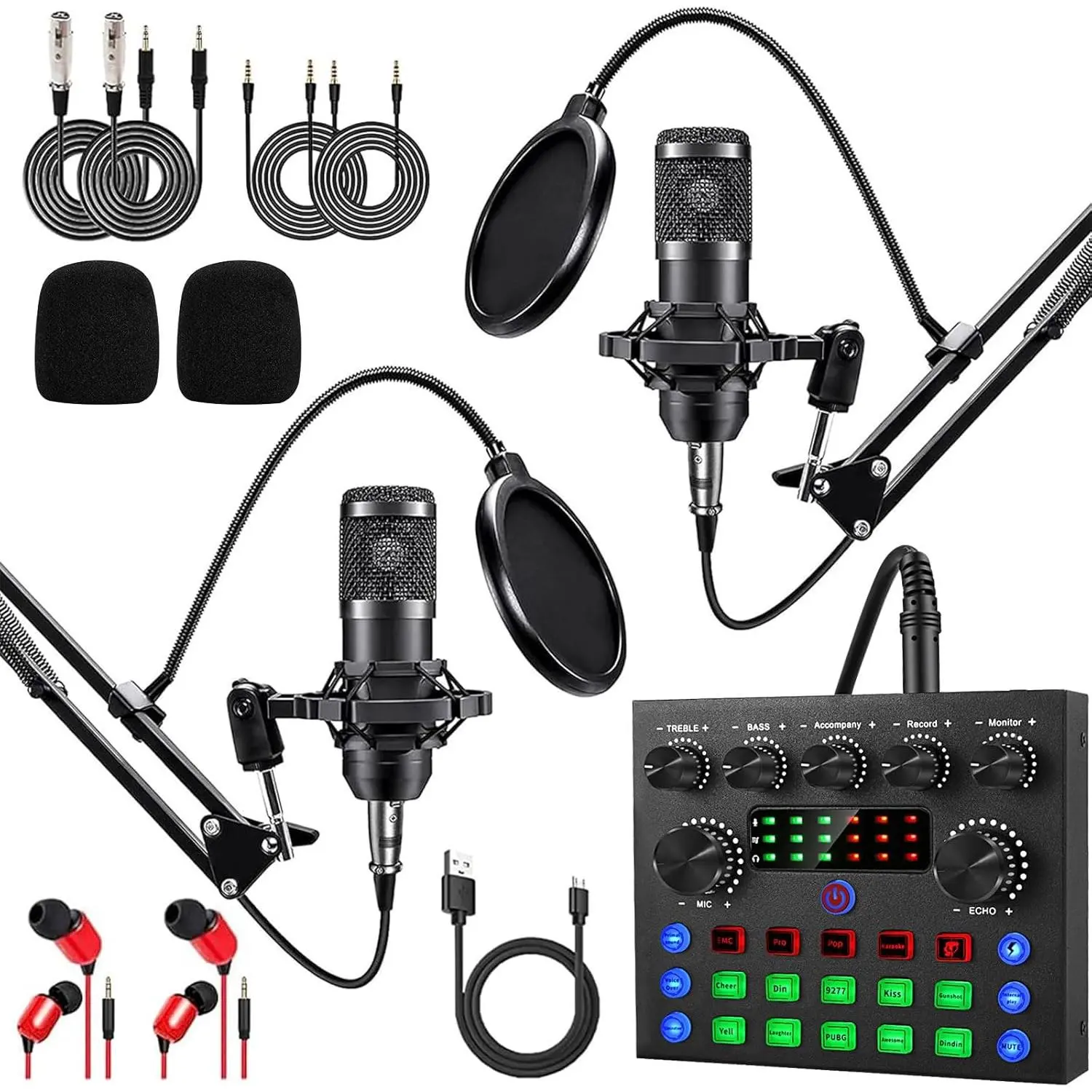 Podcast Equipment Bundle For 2,  Audio Interface with Cardioid Designer BM800 Mic for Gamer and All-In-One DJ Mixer,  for Live Streaming, Singing, YouTube, Gaming