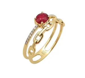 Solid 18K Gold Ruby Diamond Link Ring, Victorian Style Stacking Band