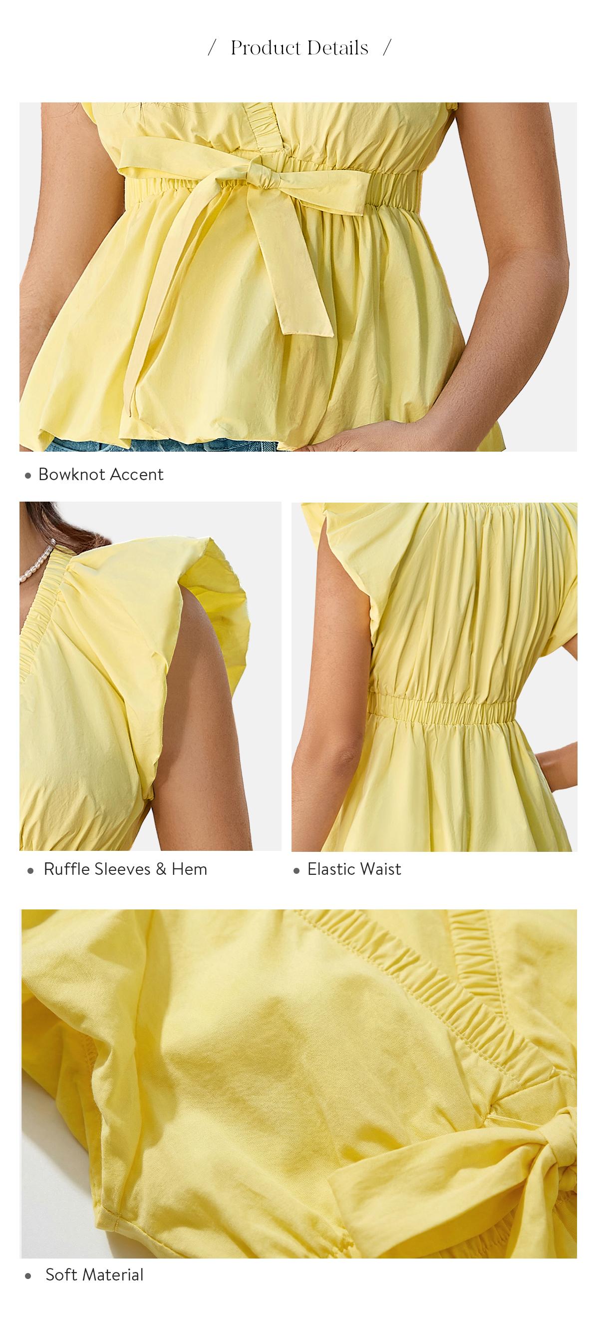 Chicovar Women’s Summer Deep V Neck Puff Sleeve Blouse – Elastic Trim Bow Front Peplum Top, Bubble Hem A-Line, Slim Fit X-Shaped Waist Cute Casual Shirt for Work, Date, Vacation & Daily Wear