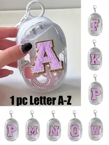 Portable mini transparent zipper storage bag, purple towel embroidered letters A-Z, compact multifunctional storage device, earphone and charger storage case with keychain, transparent travel accessory, delicate and small, suitable for storing small items