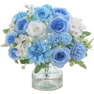 4 Pcs Mixed Artificial Flowers Set – Small Silk Peony & Rose Bouquet, Fake Floral Arrangements for Table Centerpiece, Home, Wedding, Party, Bridal Decoration (Blue, 2 Bouquets + 2 Stems)