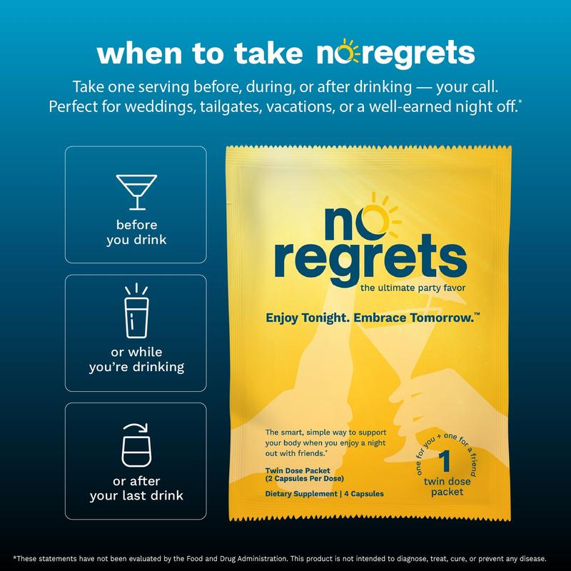 No Regrets — Night-Out Recovery Capsules (4-Capsule Packets) Embrace Tonight. Enjoy Tomorrow.