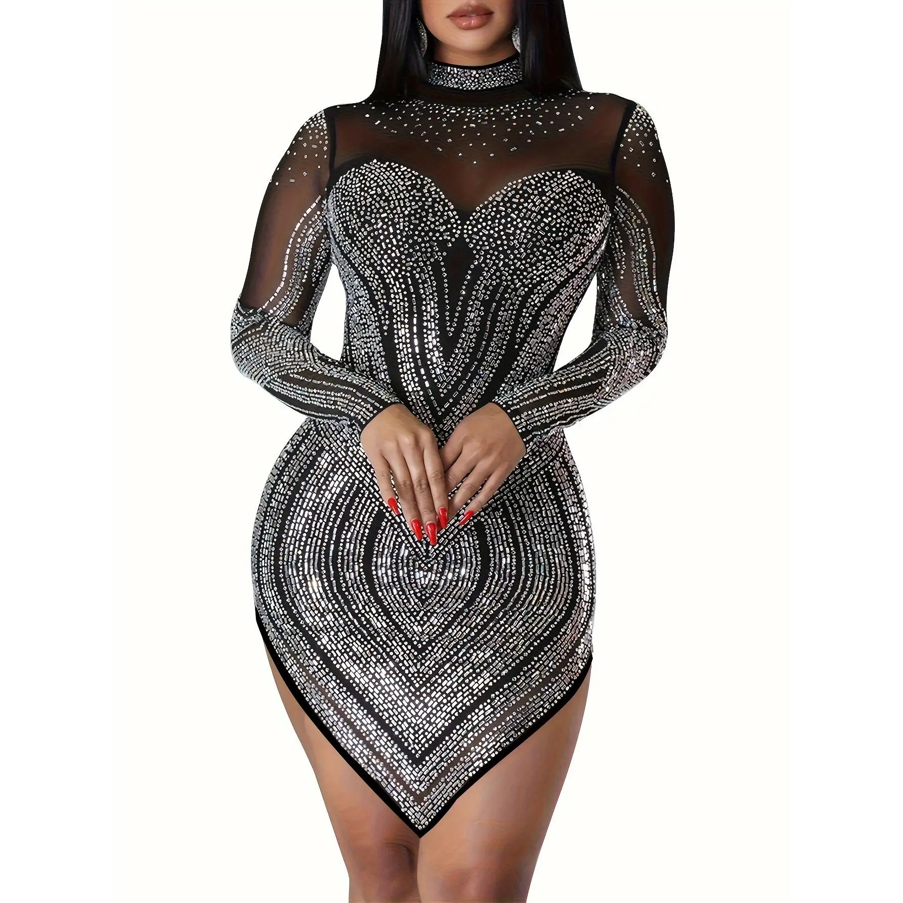 Women's Rhinestone Knit Pencil Bodycon Mini Dress - Elegant Solid Long-Sleeve Semi-Sheer Crew Neck, Lady Formal Bachelorette Party Wear, Brief Length, Non-Dry-Clean Fabric