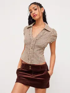 Cider Cotton V-neck Check Button Short Sleeve Blouse