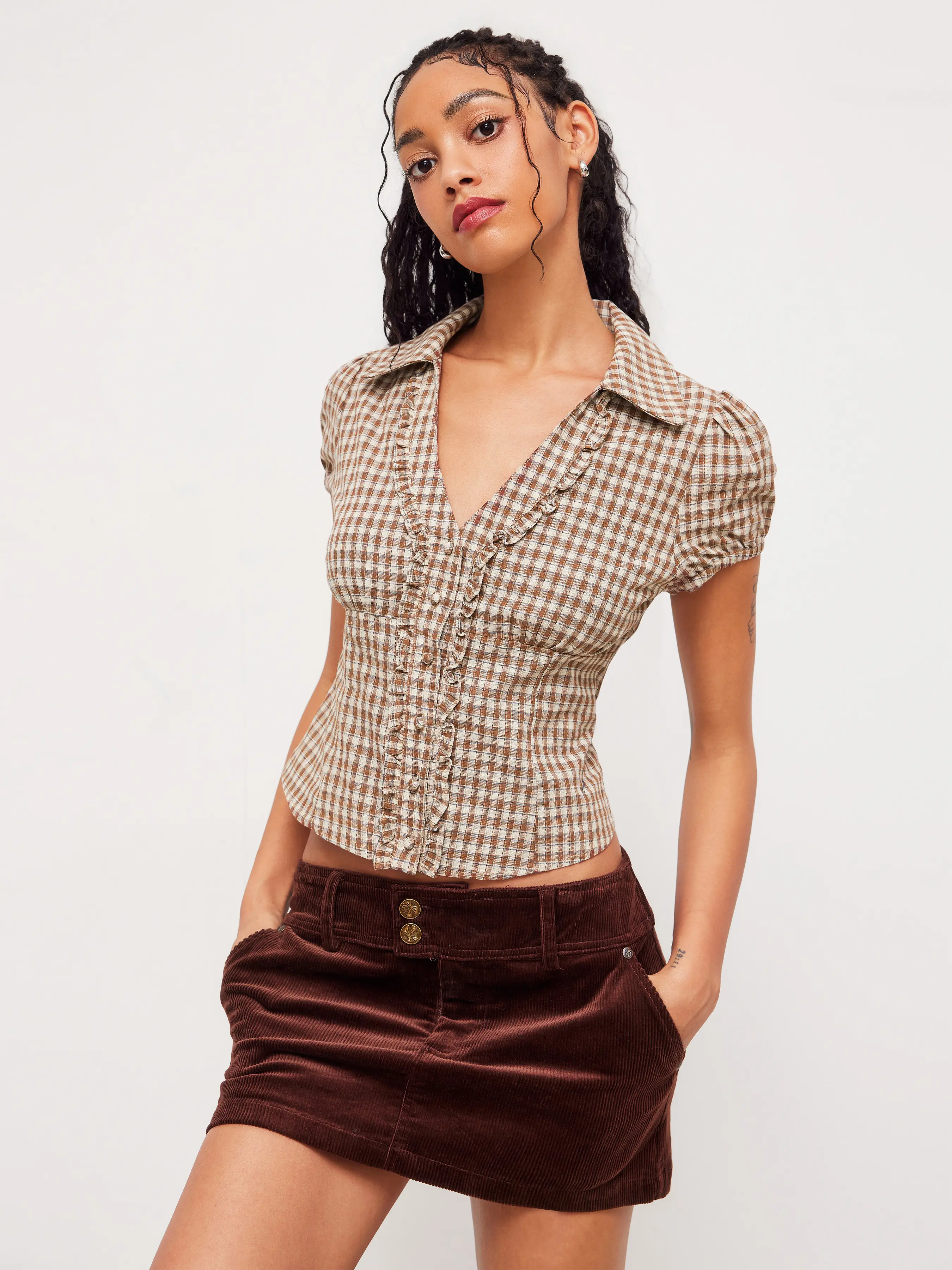 Cider Women's Cotton V-Neck Plaid Woven Blouse Shirt - Button-Front Collared Short-Sleeve Casual Classy Top, Blue Checkered Print Blouses & Shirts