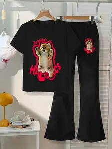 Girls' Summer Trendy Cat Print Tee & Loose Fit Bell Pants Set, Casual Comfortable Round Neck Short Sleeve, Unisex Kids Fashion