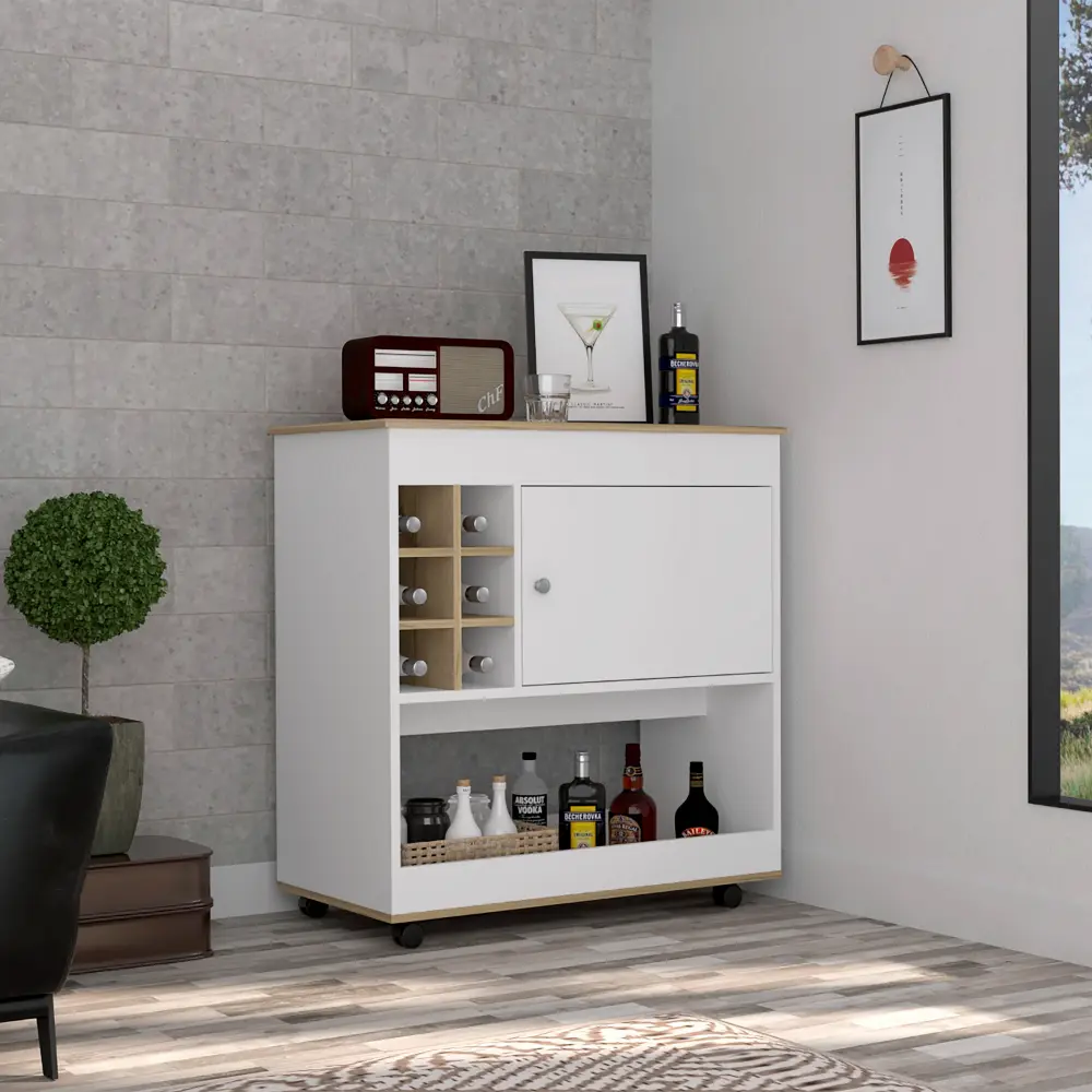 Dreamzon Modern 37" Height Light Oak/White Bar Coffee Cart with Castor Wheels - Indoor Cupboard Cabinet, 2-Door Central Storage, 6-Bottle Division, Bottom Wooden-Front Shelf (for Kitchen, Living Room)