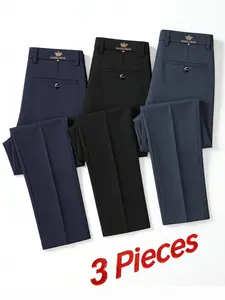 3-pcs Men's Loose Straight Leg Elastic Formal Pants, Anti-Wrinkle Comfortable Business Trousers for Formal and Casual Occasions