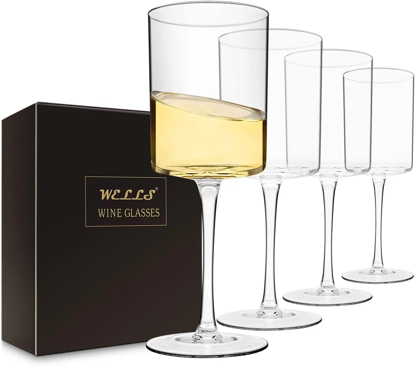 Large Square Wine Glasses Set of 4 Crystal,17oz Clear Cylinder Wine Glassware Flat Bottom,Hand Blown White Red Wine Glass with Long Stem,Copas de Vino