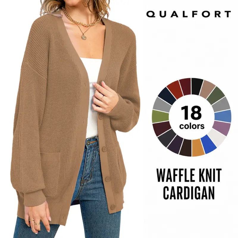 QUALFORT Women's 100% Cotton Cardigan Sweater with Pockets, Soft and Breathable Long Sleeve V-Neck Button-Front Knitwear for Casual Everyday Layering, Spring, Fall and Winter Outfits, Tops, Basic, Knitting, Lady, Chic, Elegant, Button Down