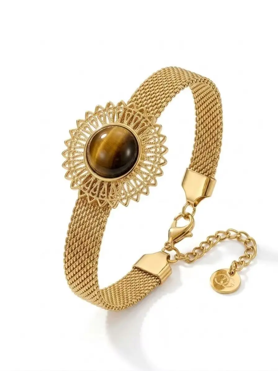 Women's Stainless Steel Mesh Chain Bracelet - Gold-Plated Filigree Medallion Fashion Costume Jewelry Bangle