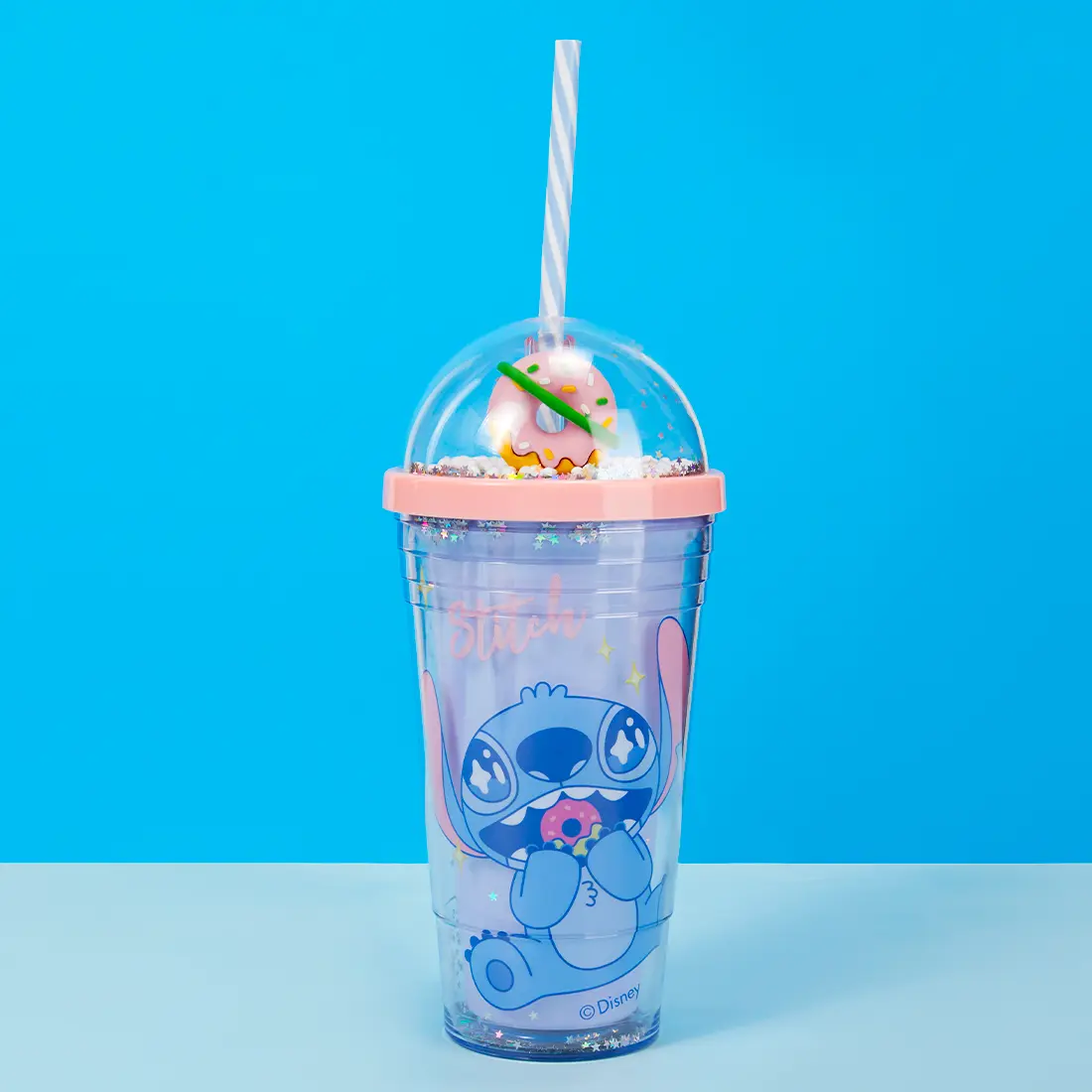 Disney Stitch Dinner Party Series Donut Double-Layer Plastic Leakproof Water Bottle with Straw, Lid & Transparent Cover, 480ml(16.9oz) Colorful Kids' Portable Drinkware for Everyday Use, As/Pp/Silicone
