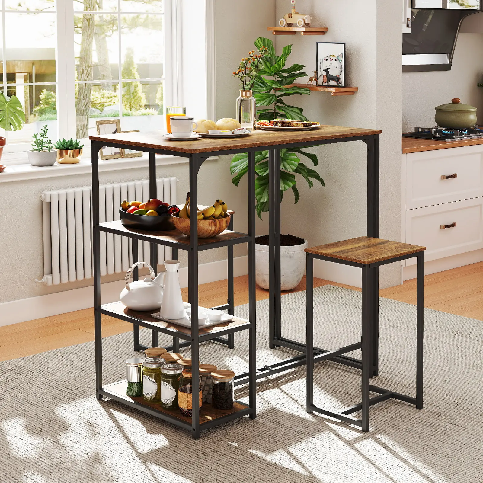 COSTWAY - 3-Piece Bar Table Set for 2 Bar-Height Dining Table with 2 Stools-Rustic Brown