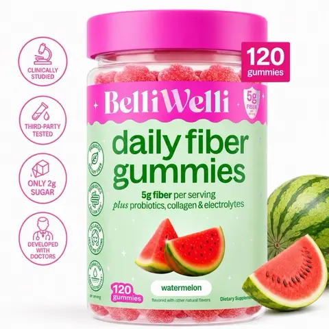 BelliWelli Daily Fiber Watermelon Gummies 120ct - 5g Fiber per Serving with Probiotics & Collagen for Digestion Regularity & Constipation Support Digestive Wellness