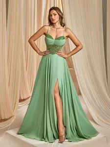 【Sage Green Sweetheart Neck Spaghetti Strap A-Line Evening Gown】 Embellished Bodice, Chiffon Skirt, High Slit, Formal Event Wear, Spring Collection A Line Tulle Ball Gown with Corset Back Elegant Spaghetti Strap Evening Gown summer weddingguestdress