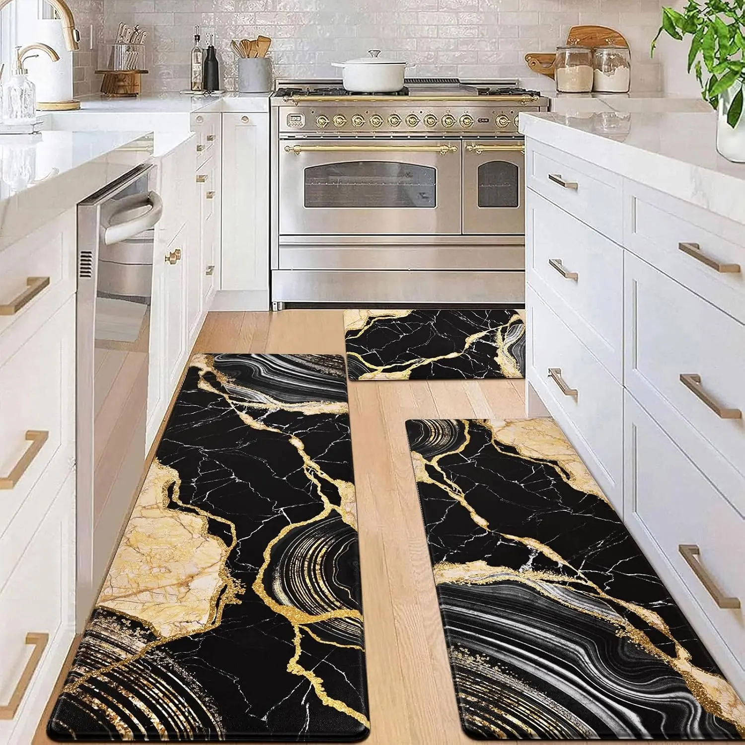 3 Piece Marble Kitchen Runner Rugs Set, Anti Fatigue Cushioned Kitchen Floor Mats, Black Gold Marble Kitchen Rugs Non Slip, PVC Waterproof Kitchen Mats 18'' x 30'' + 18'' x 48'' + 18'' x 60'',Washable,dining,new,Thick,Non-Slip,Fluffy
