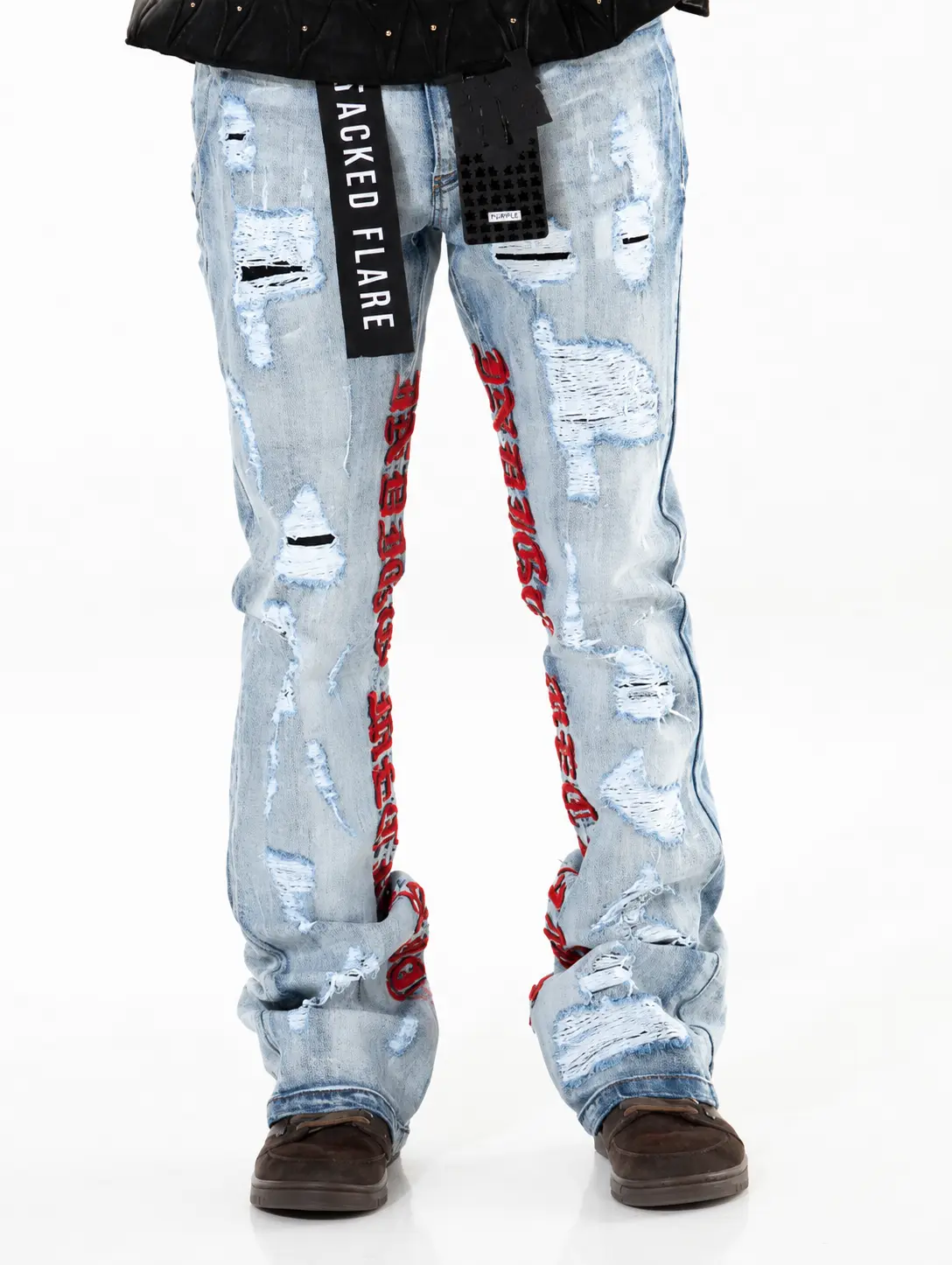 Blue Embroidered Stacked Jeans Flares Casual Pants Pocket