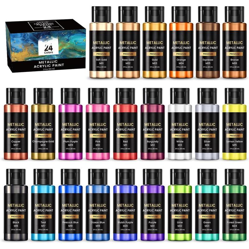 Metallic Set, 24 Metallic Colors in 2 oz/60ml Bottles, Metallic Shining ...