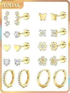 LOLIAS Flat Back Earrings for Women Girls Hypoallergenic Surgical Stainless Steel Earrings for Sensitive Ears 14K Gold Plated Heart Flower Stud Earring Set Small Huggie Hoop Cartilage Earring Stacks