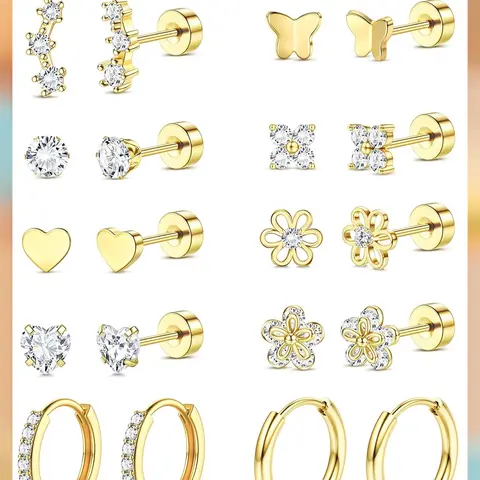 LOLIAS Flat Back Earrings for Women Girls Hypoallergenic Surgical Stainless Steel Earrings for Sensitive Ears 14K Gold Plated Heart Flower Stud Earring Set Small Huggie Hoop Cartilage Earring Stacks, Gold Earrings Studs, Heart Design Earrings