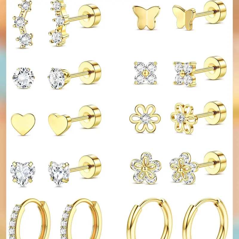 LOLIAS Flat Back Earrings for Women Girls Hypoallergenic Surgical Stainless Steel Earrings for Sensitive Ears 14K Gold Plated Heart Flower Stud Earring Set Small Huggie Hoop Cartilage Earring Stacks, Gold Earrings Studs, Heart Design Earrings