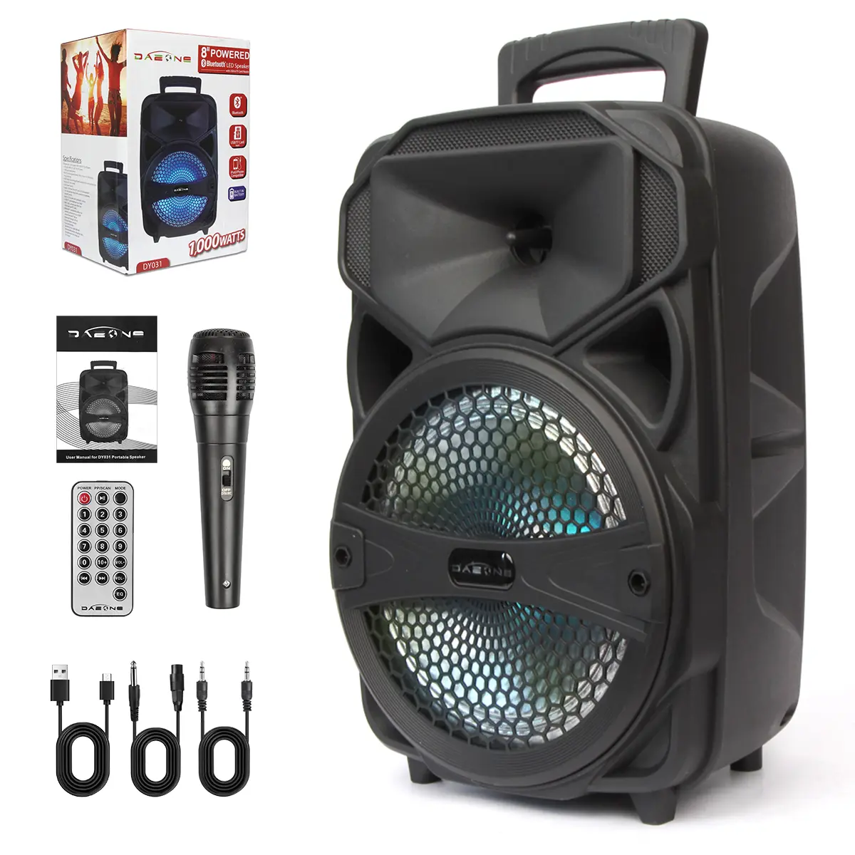 Portable FM Radio Bluetooth Party Speaker 8 inch Subwoofer System With LED Lights Microphone Remote Control Connection Cable