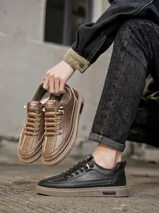 Men's Brown Retro Fleece - Lined Casual Leather Shoes, Retro Business Style, Leather + Fleece Material, Warm & Comfortable, Soft on Feet, Ideal for Winter Daily Outfits & Business Outings