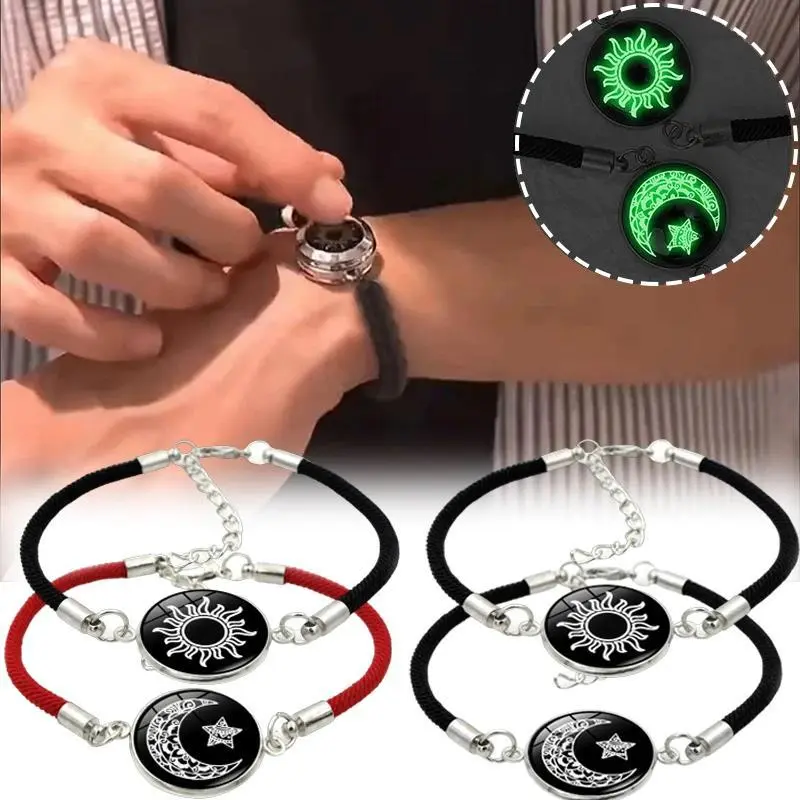 Sun and Moon Bracelets for Couples, Luminous 2-Piece Stainless Steel & Braided Rope Matching Set, Adjustable Unisex Wear Jewelry, Yes, Dimensions