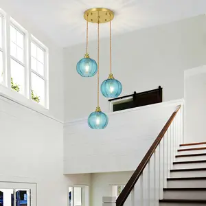 Vintage 3-Light Globe Pendant Light, Ribbed Glass Chandelier, Height Adjustable for Kitchen Living Room, Blue/Gray-green，E26，Bulb not included，