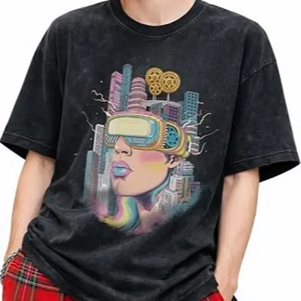 Cyberpunk VR Girl graphic T-shirt, vintage washed oversized short-sleeve tee, men's futuristic streetwear crew neck casual top