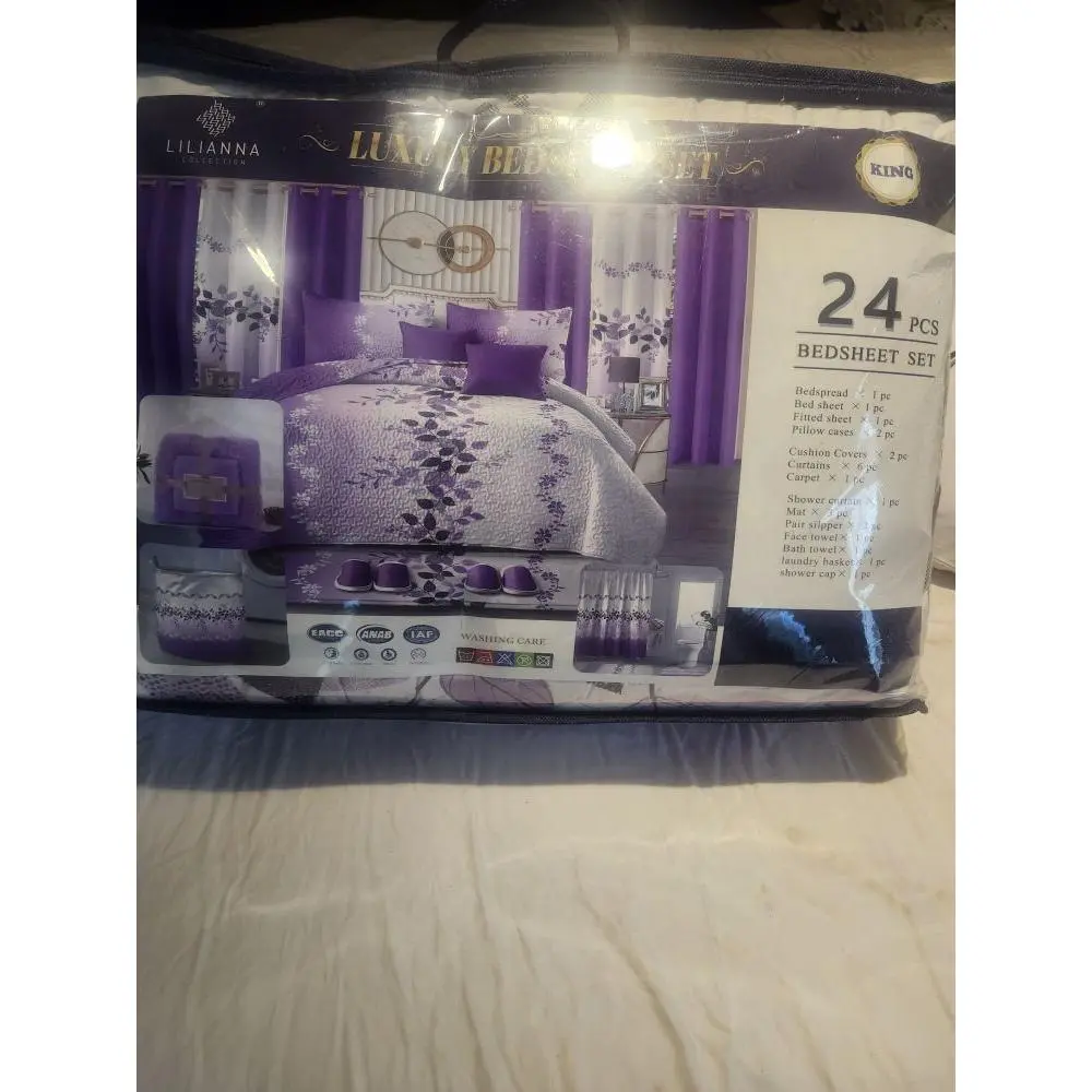Lilianna Luxury Bed Sheet Set 24-Piece Purple Floral Design for Queen Size Bed with 24 Pieces Including Bedspread and Fitted Sheet