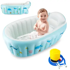Baby Inflatable Bathtub, Portable Travel Baby Infant Bath Tub Toddler Bathtub with Air Pump, Foldable Non-Slip Shower Basin Mini Air Swimming Pool for Newborn (Whale Blue)