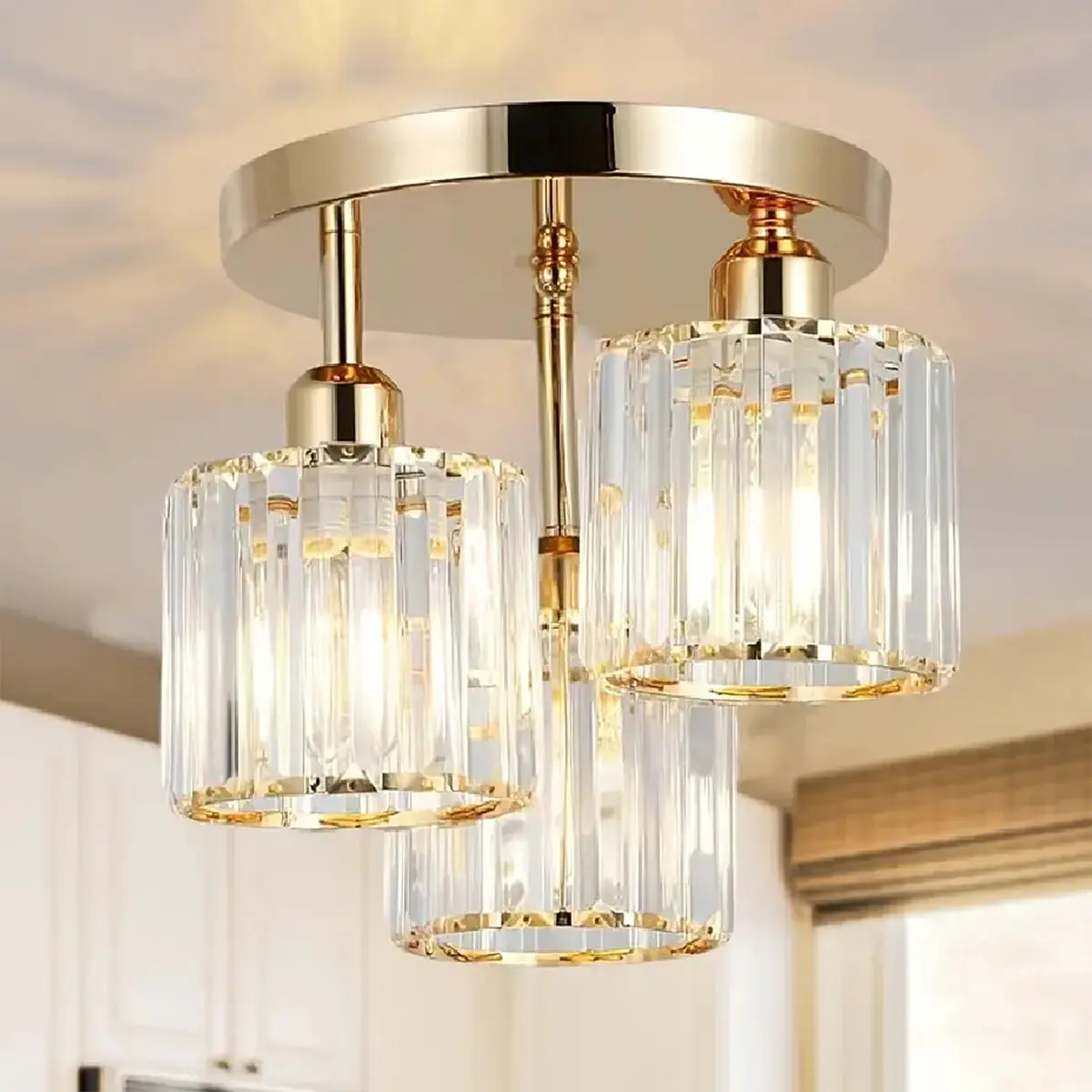 Letmarey Modern Semi Flush Mount Ceiling Light 3-Light Crystal Chandelier for Kitchen Hallway Bedroom Bathroom Clear Shade No Bulbs Included Indoor Lighting Decorative Lamp