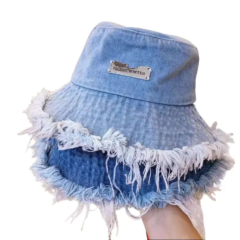 Women's Blue Bucket Hat - 56-58cm Wide-Brim, Retro Denim, Tassel & Letter-Embellished, Lightweight Flair Anti-Ultraviolet Sun-Protective Cap for Outdoor Activities, Casual Lounging, Anti-Ultraviolet Hats Vintage